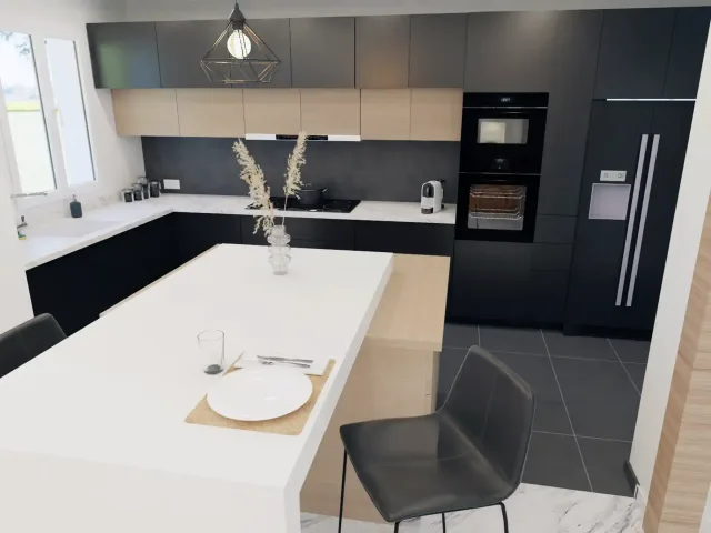 Cuisine noire & chêne avec îlot — Projection 3D réaliste