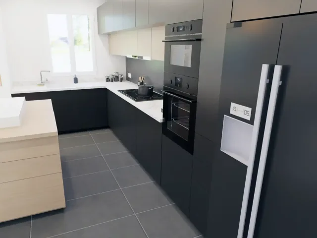 Cuisine noire & chêne avec îlot — visualisation 3D